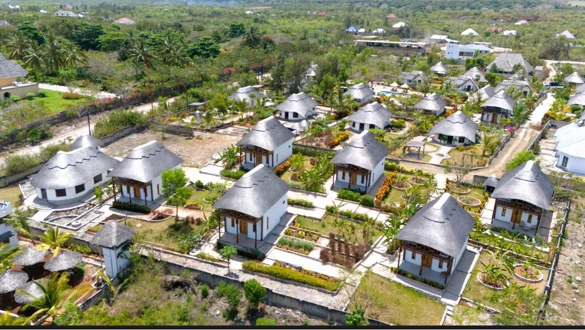 Aerial overview of the villa property.
